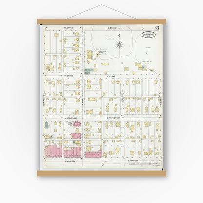 Old map wall art mockup — magnetic wood frame on white wall — Sanborn Fire Insurance Map from Gibsonburg, Sandusky County, Ohio (1902), Sheet #0003