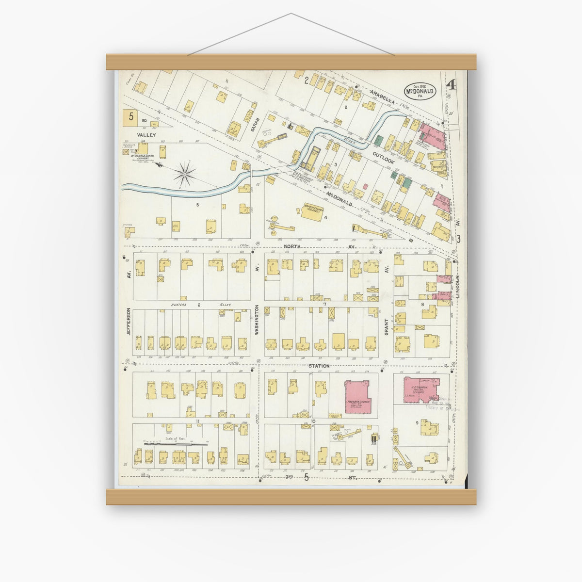 Old map wall art mockup — magnetic wood frame on white wall — Sanborn Fire Insurance Map from McDonald, Washington County, Pennsylvania (1902), Sheet #0004