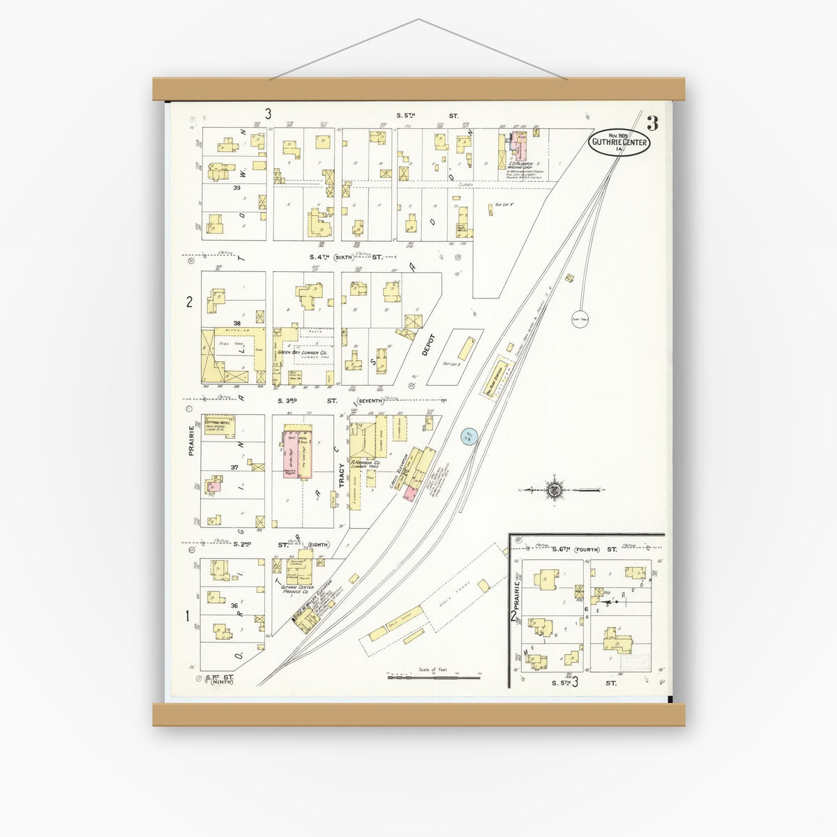 Old map wall art mockup — magnetic wood frame on white wall — Sanborn Fire Insurance Map from Guthrie Center, Guthrie County, Iowa (1909), Sheet #0003
