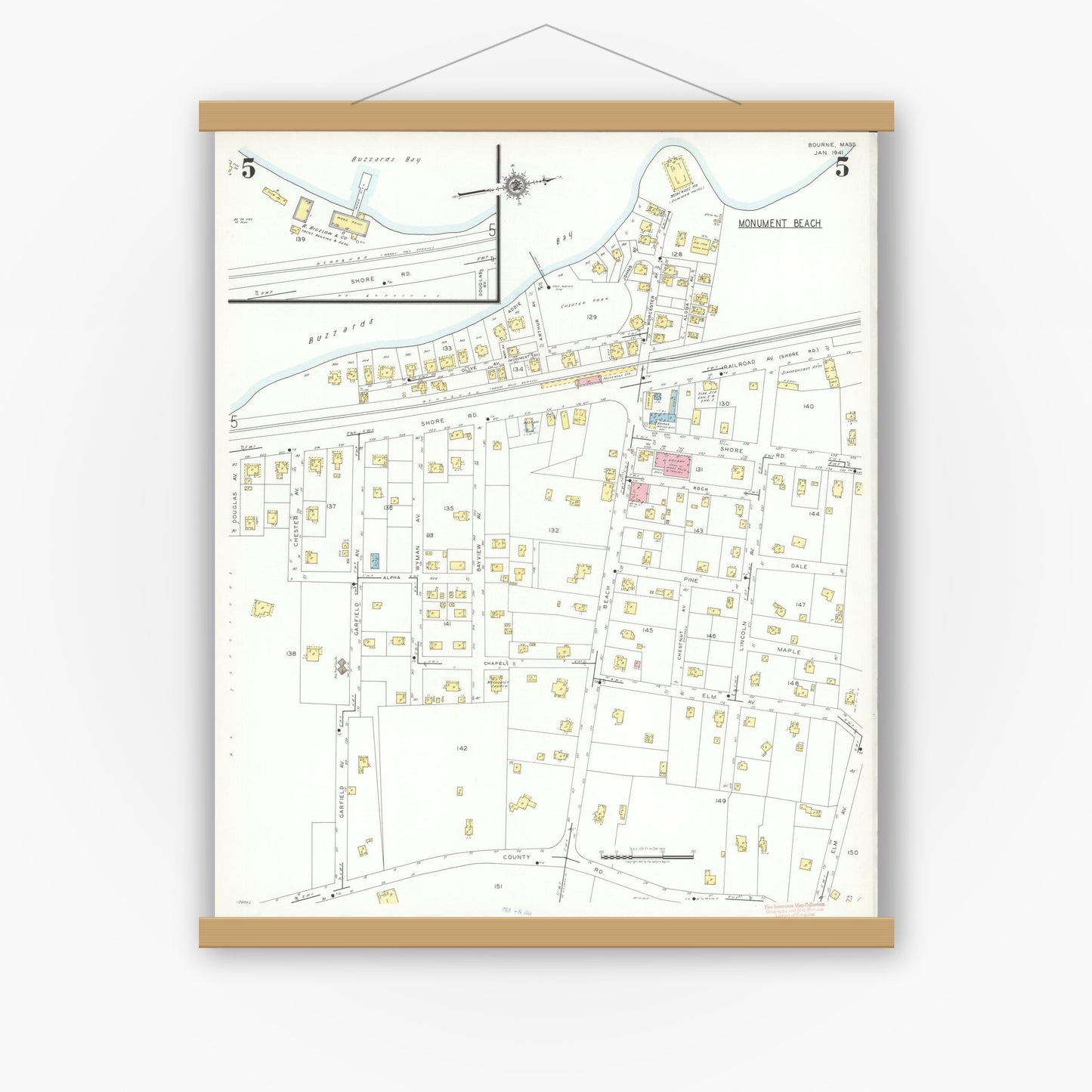 Old map wall art mockup — magnetic wood frame on white wall — Sanborn Fire Insurance Map from Bourne, Barnstable County, Massachusetts (1941), Sheet #0005