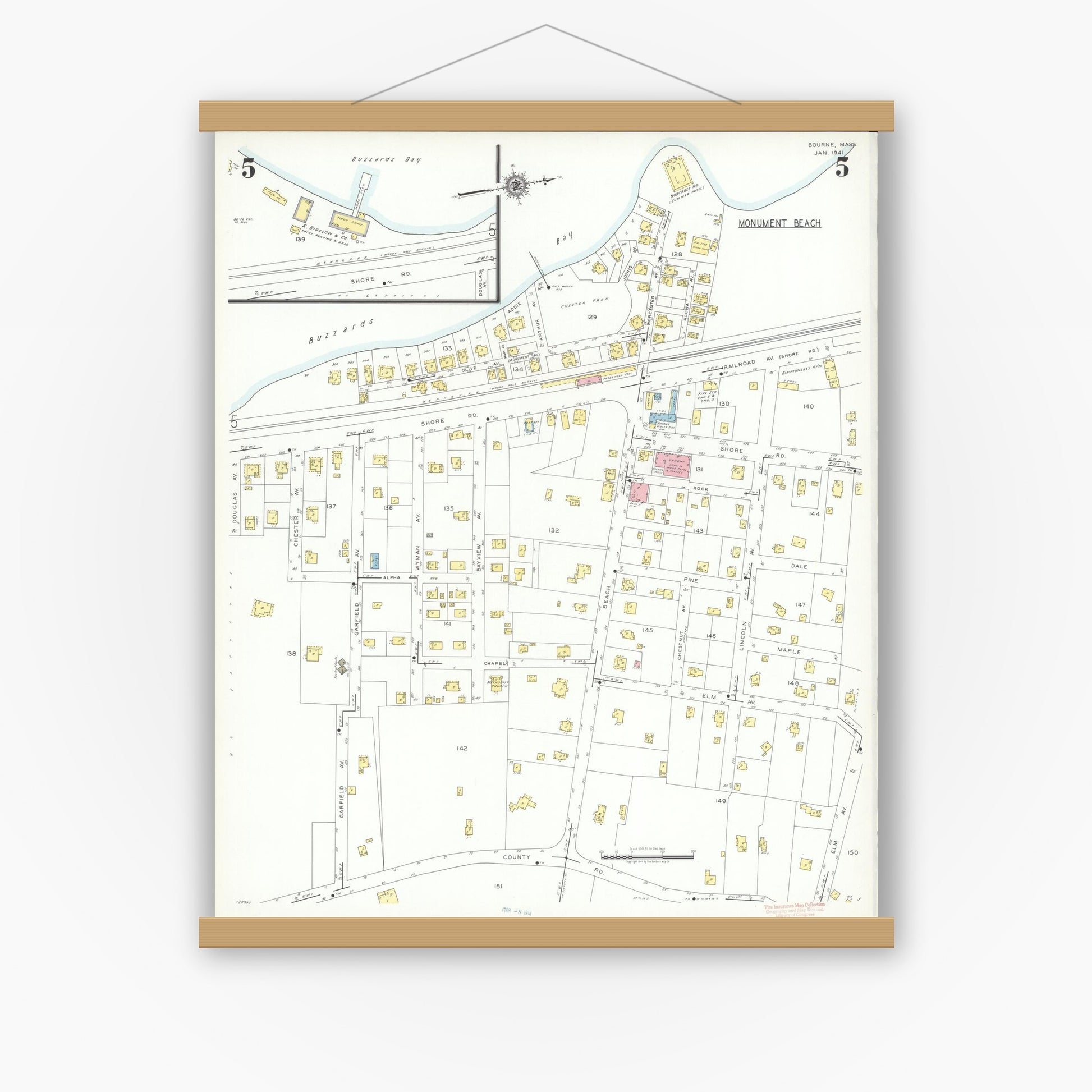 Old map wall art mockup — magnetic wood frame on white wall — Sanborn Fire Insurance Map from Bourne, Barnstable County, Massachusetts (1941), Sheet #0005