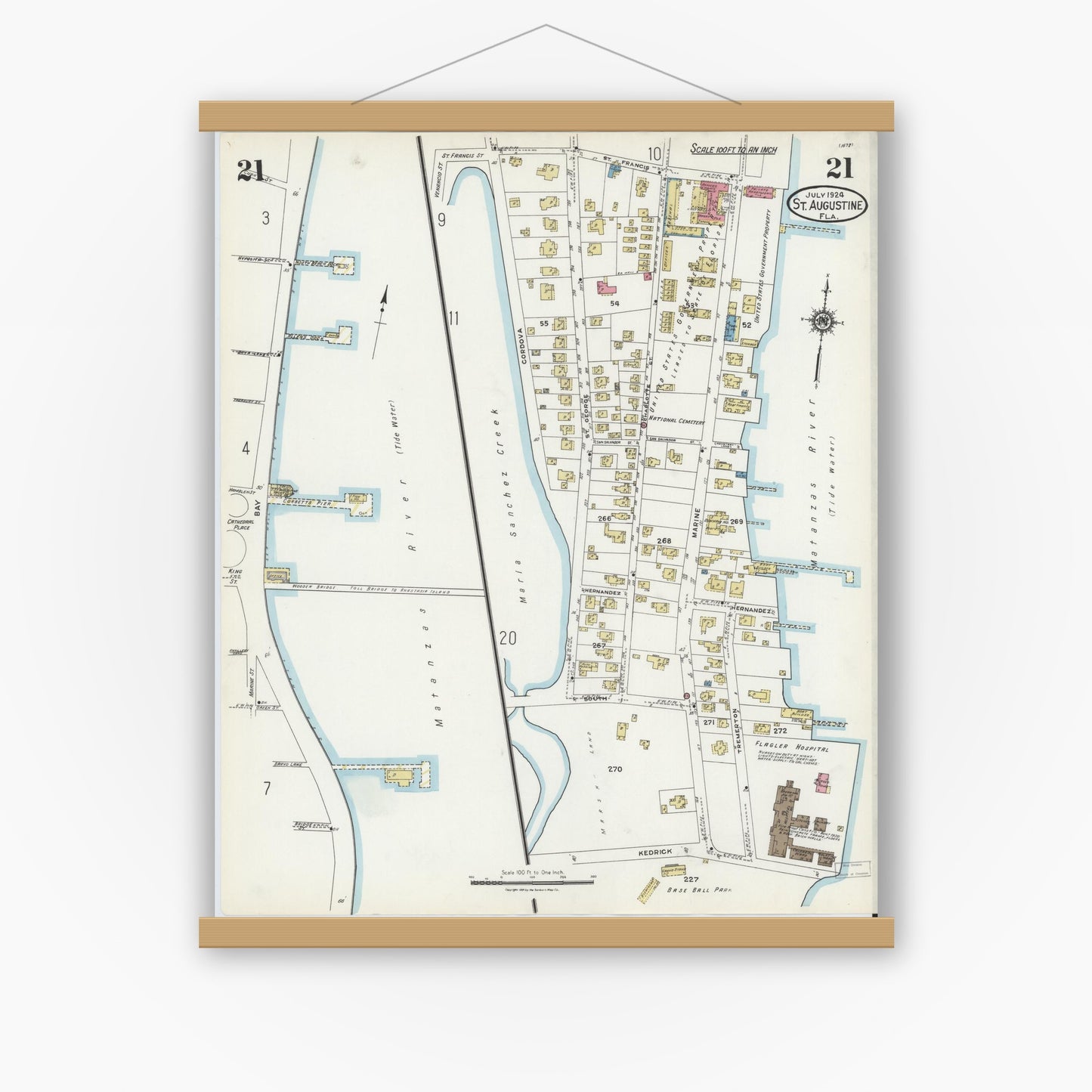Old map wall art mockup — magnetic wood frame on white wall — Sanborn Fire Insurance Map from Saint Augustine, Saint John's County, Florida (1924), Sheet #0021