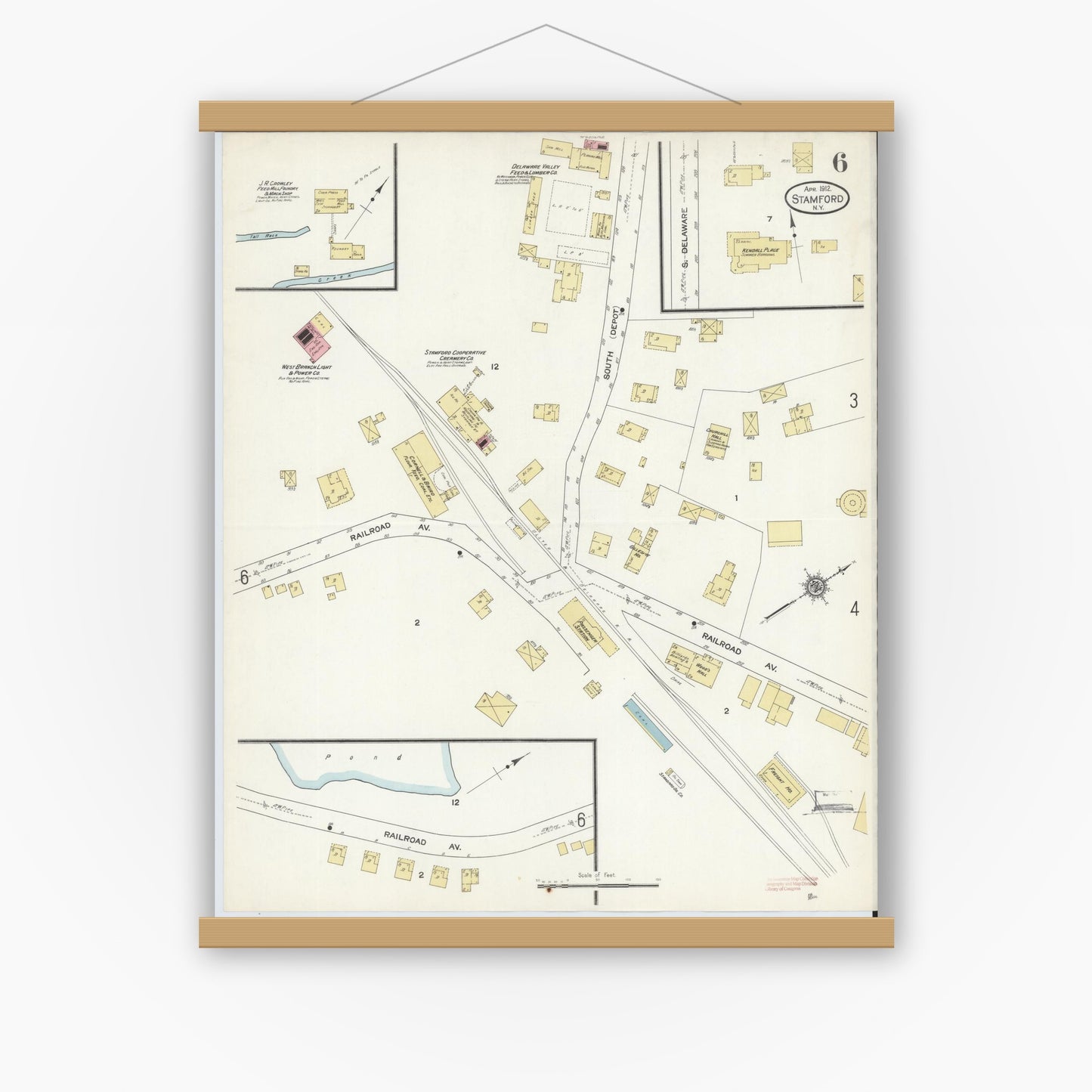 Old map wall art mockup — magnetic wood frame on white wall — Sanborn Fire Insurance Map from Stamford, Delaware County, New York (1912), Sheet #0006