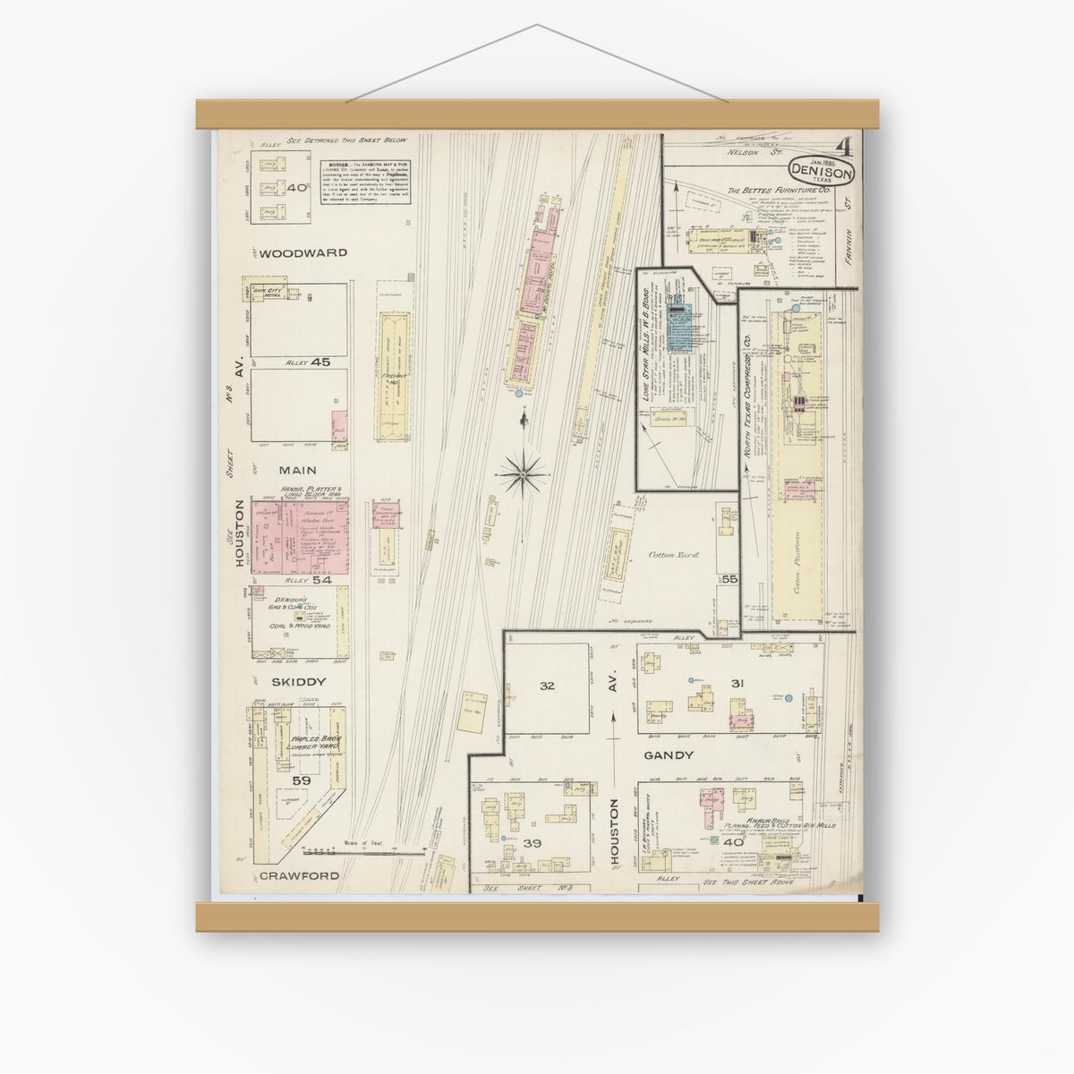 Old map wall art mockup — magnetic wood frame on white wall — Sanborn Fire Insurance Map from Denison, Grayson County, Texas (1885), Sheet #0004