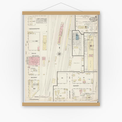 Old map wall art mockup — magnetic wood frame on white wall — Sanborn Fire Insurance Map from Denison, Grayson County, Texas (1885), Sheet #0004