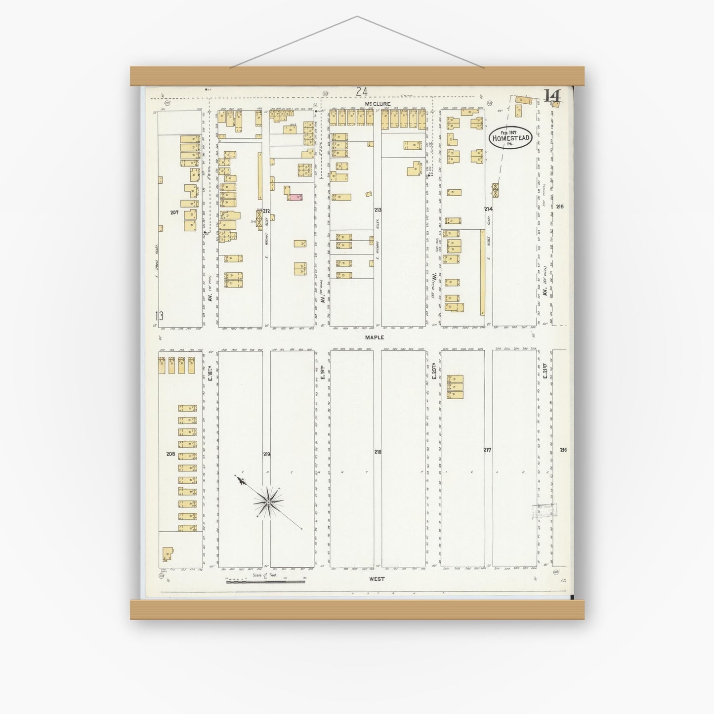 Old map wall art mockup — magnetic wood frame on white wall — Sanborn Fire Insurance Map from Homestead, Allegheny County, Pennsylvania (1907), Sheet #0014
