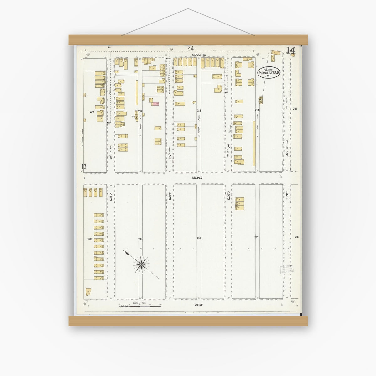 Old map wall art mockup — magnetic wood frame on white wall — Sanborn Fire Insurance Map from Homestead, Allegheny County, Pennsylvania (1907), Sheet #0014