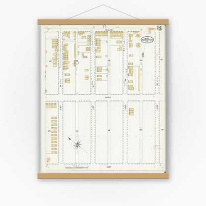 Old map wall art mockup — magnetic wood frame on white wall — Sanborn Fire Insurance Map from Homestead, Allegheny County, Pennsylvania (1907), Sheet #0014
