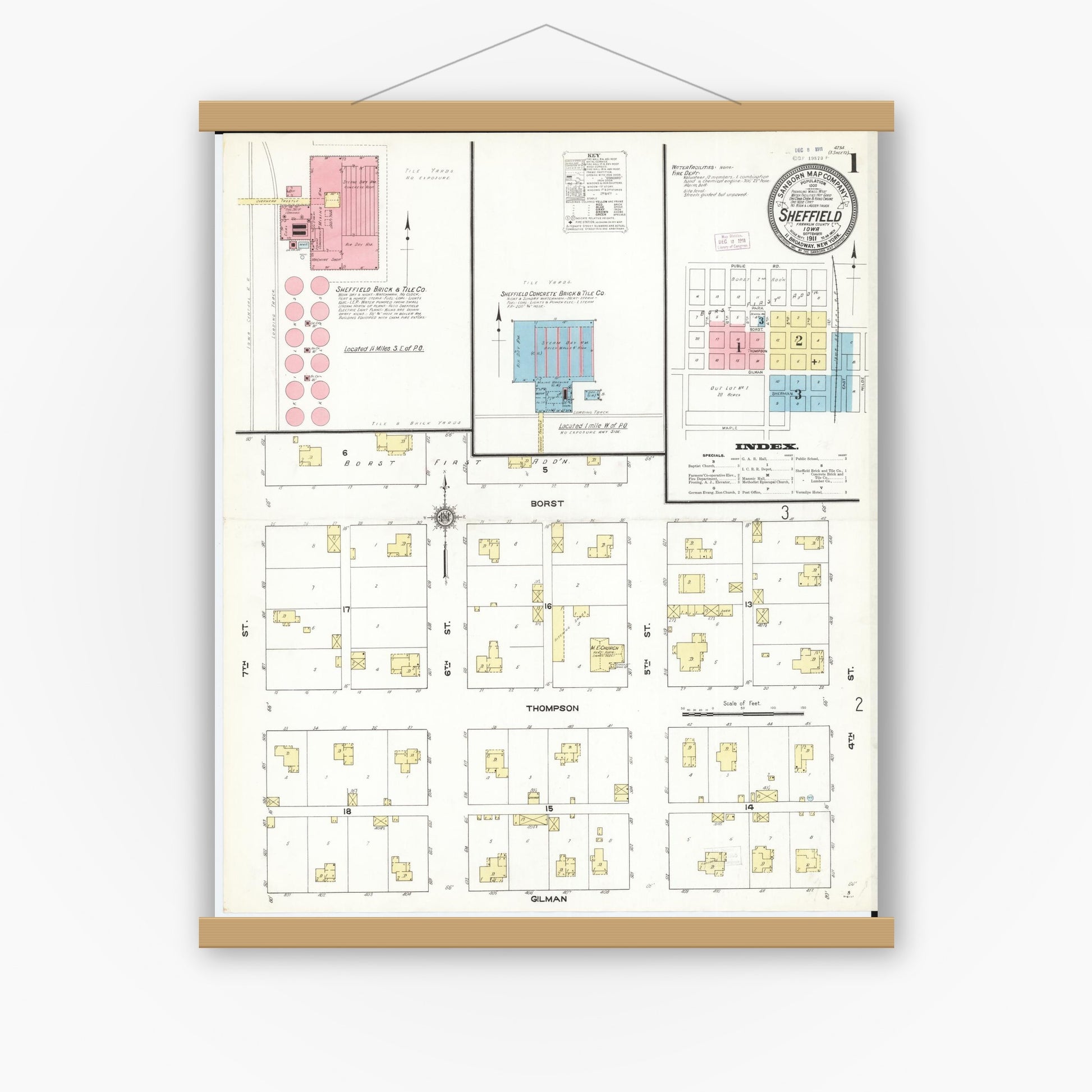 Old map wall art mockup — magnetic wood frame on white wall — Sanborn Fire Insurance Map from Sheffield, Franklin County, Iowa (1911), Sheet #0001