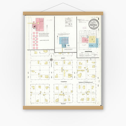 Old map wall art mockup — magnetic wood frame on white wall — Sanborn Fire Insurance Map from Sheffield, Franklin County, Iowa (1911), Sheet #0001