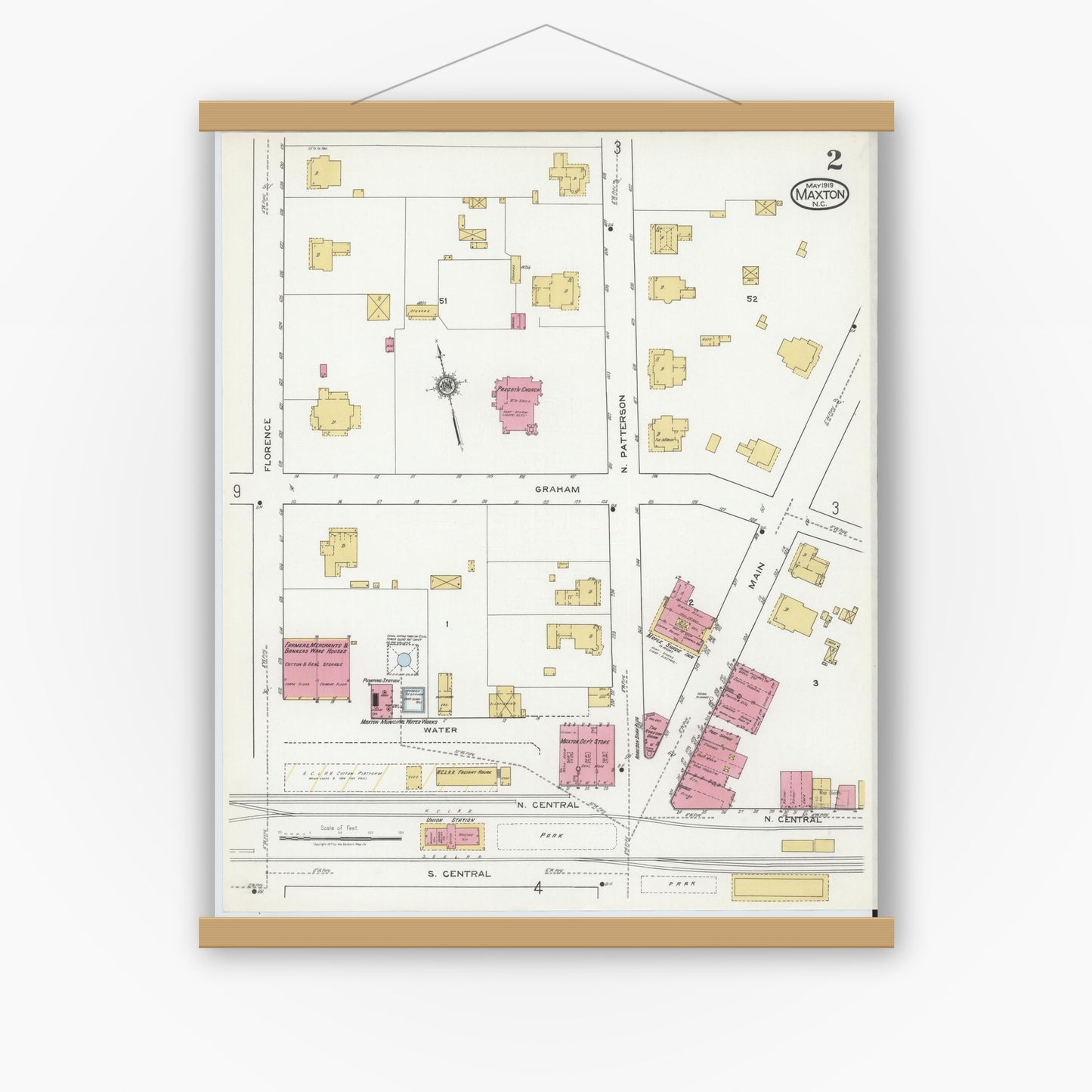Old map wall art mockup — magnetic wood frame on white wall — Sanborn Fire Insurance Map from Maxton, Robeson County, North Carolina (1919), Sheet #0002