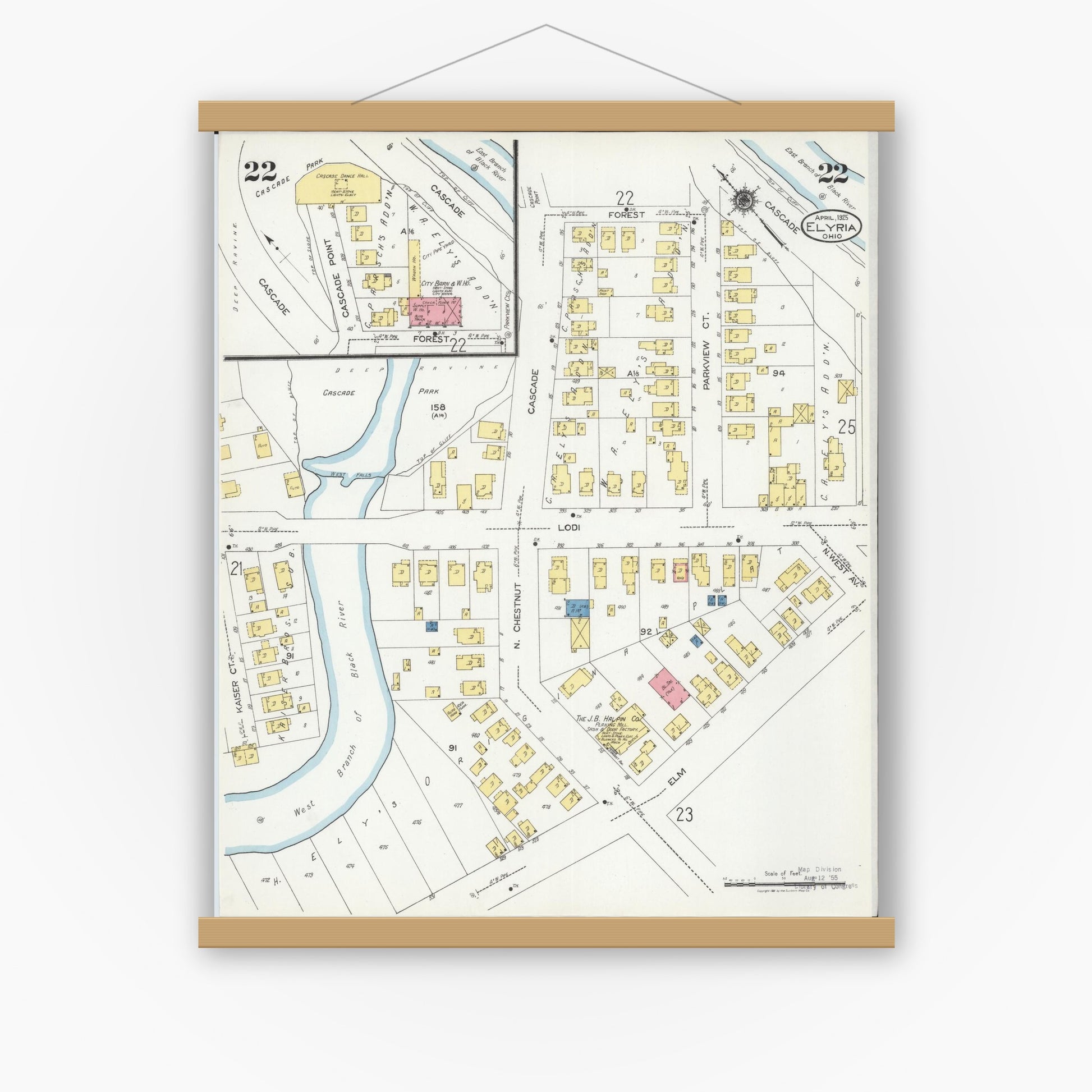 Old map wall art mockup — magnetic wood frame on white wall — Sanborn Fire Insurance Map from Elyria, Lorain County, Ohio (1925), Sheet #0022