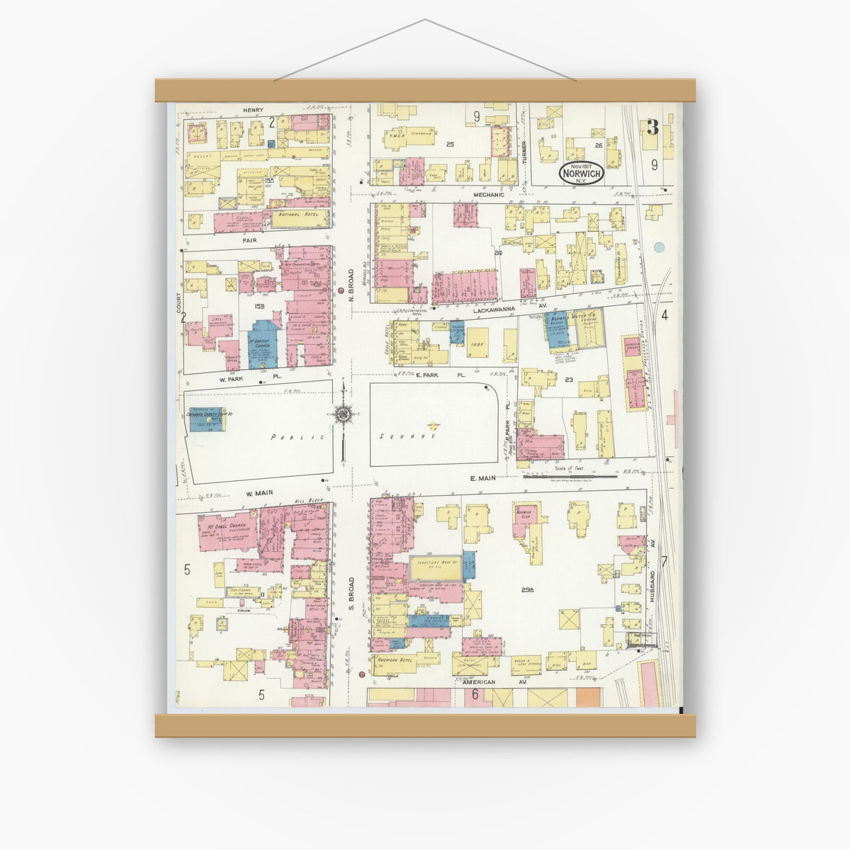 Old map wall art mockup — magnetic wood frame on white wall — Sanborn Fire Insurance Map from Norwich, Chenango County, New York (1917), Sheet #0003