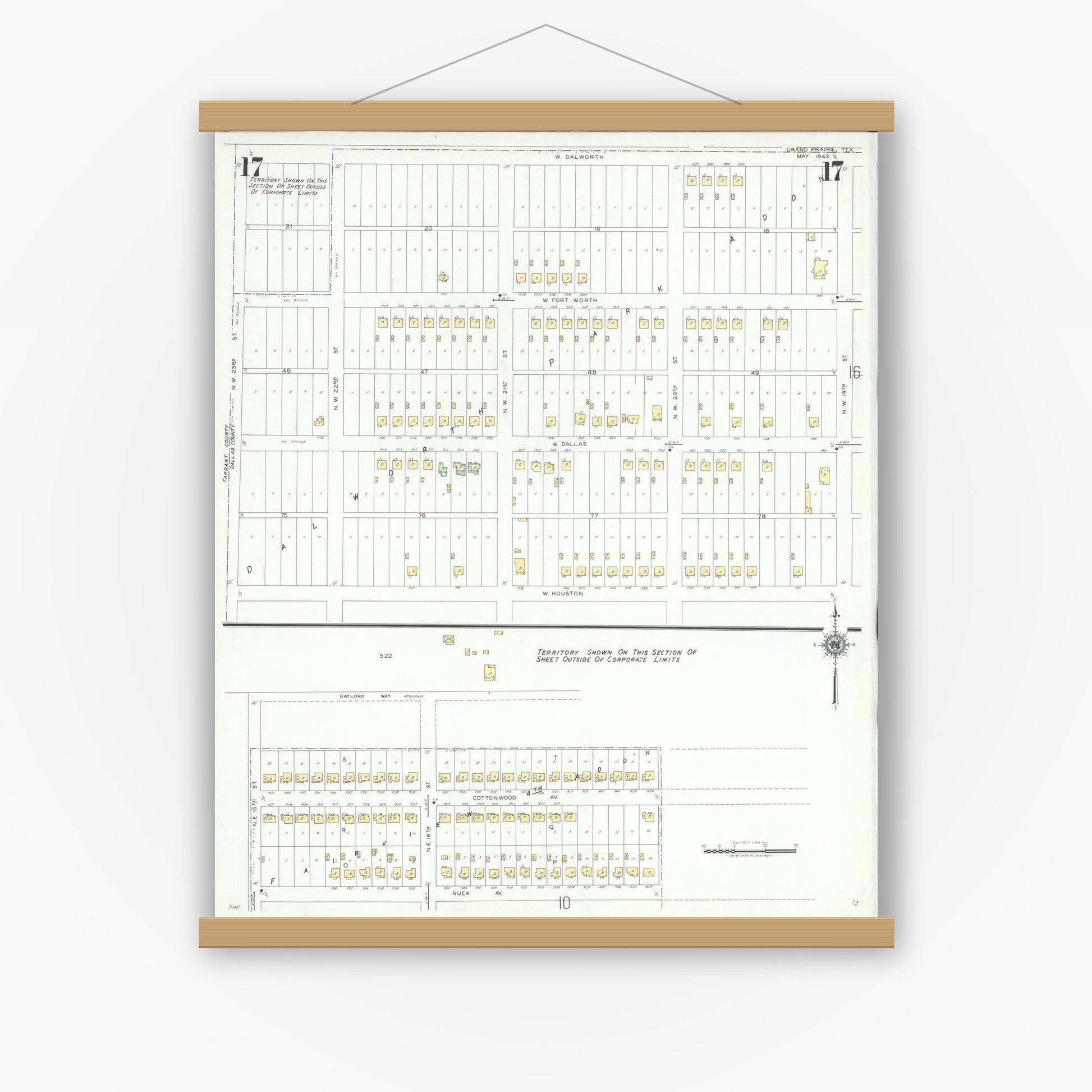 Old map wall art mockup — magnetic wood frame on white wall — Sanborn Fire Insurance Map from Grand Prairie, Dallas County, Texas (1943), Sheet #0017
