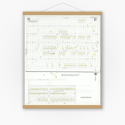 Old map wall art mockup — magnetic wood frame on white wall — Sanborn Fire Insurance Map from Grand Prairie, Dallas County, Texas (1943), Sheet #0017