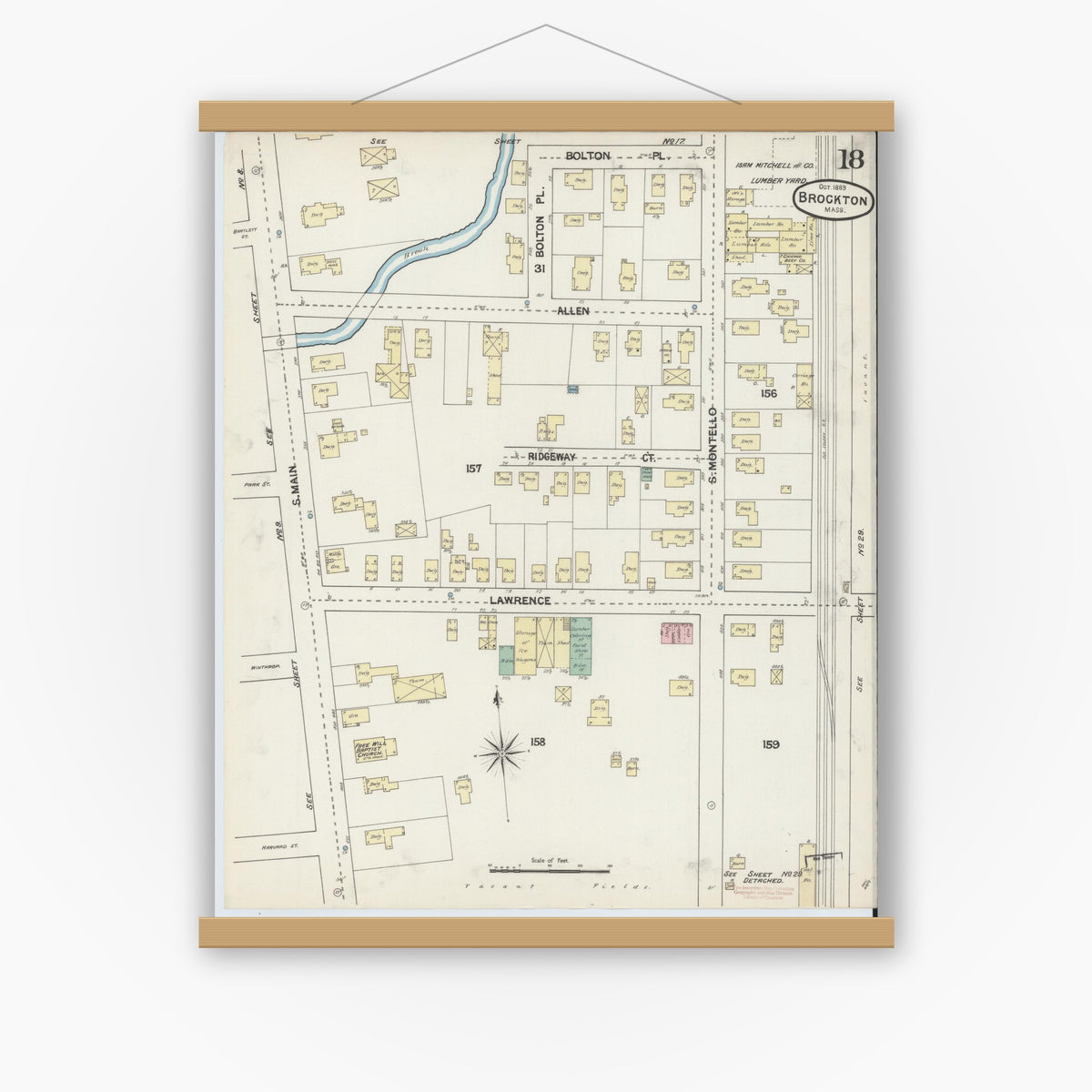 Old map wall art mockup — magnetic wood frame on white wall — Sanborn Fire Insurance Map from Brockton, Plymouth County, Massachusetts (1889), Sheet #0018