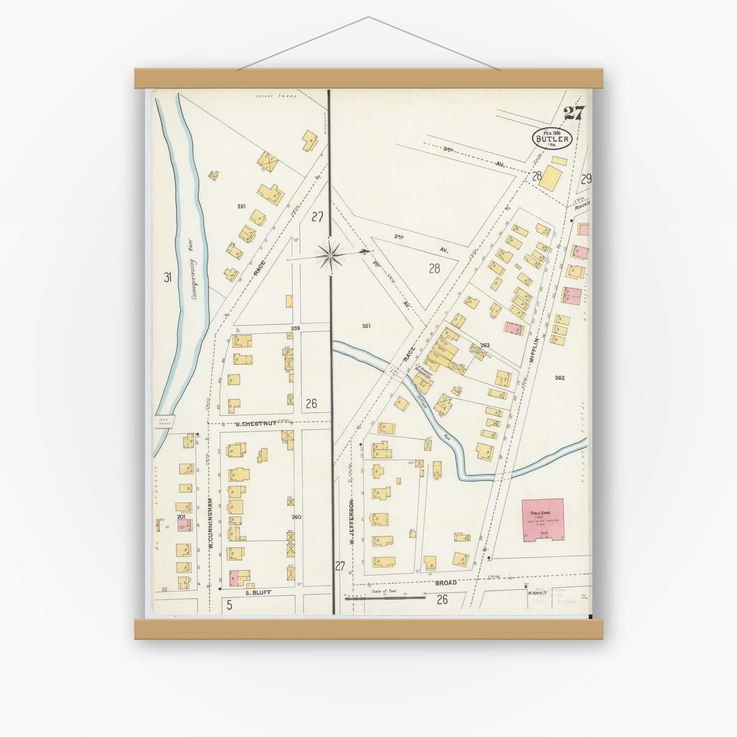 Old map wall art mockup — magnetic wood frame on white wall — Sanborn Fire Insurance Map from Butler, Butler County, Pennsylvania (1906), Sheet #0027