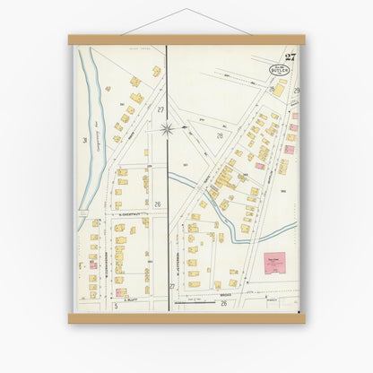 Old map wall art mockup — magnetic wood frame on white wall — Sanborn Fire Insurance Map from Butler, Butler County, Pennsylvania (1906), Sheet #0027