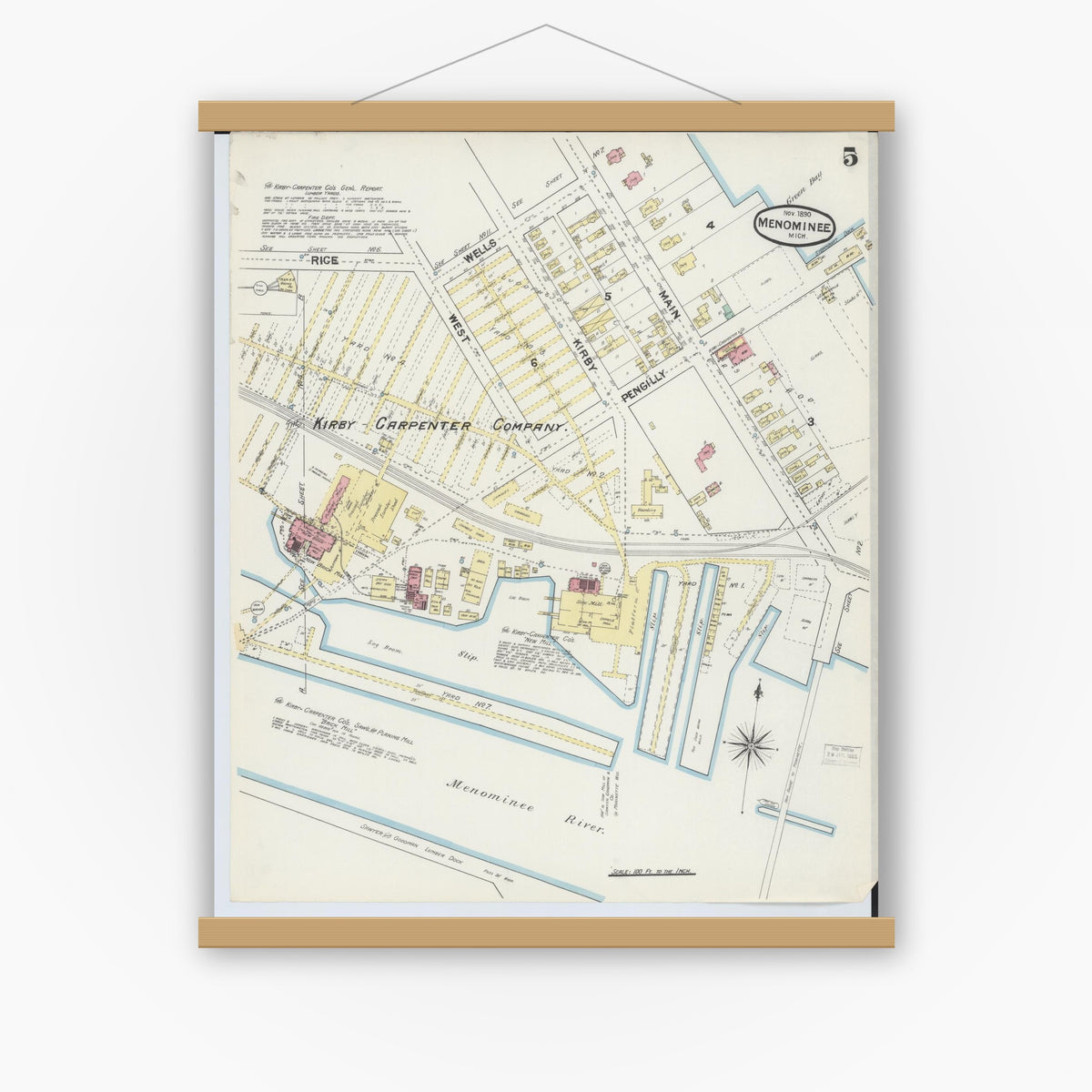Old map wall art mockup — magnetic wood frame on white wall — Sanborn Fire Insurance Map from Menominee, Menominee County, Michigan (1890), Sheet #0005