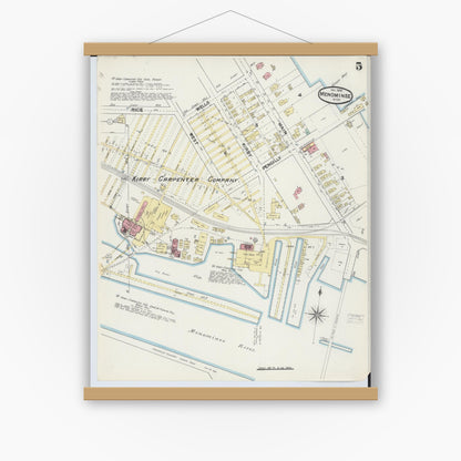 Old map wall art mockup — magnetic wood frame on white wall — Sanborn Fire Insurance Map from Menominee, Menominee County, Michigan (1890), Sheet #0005