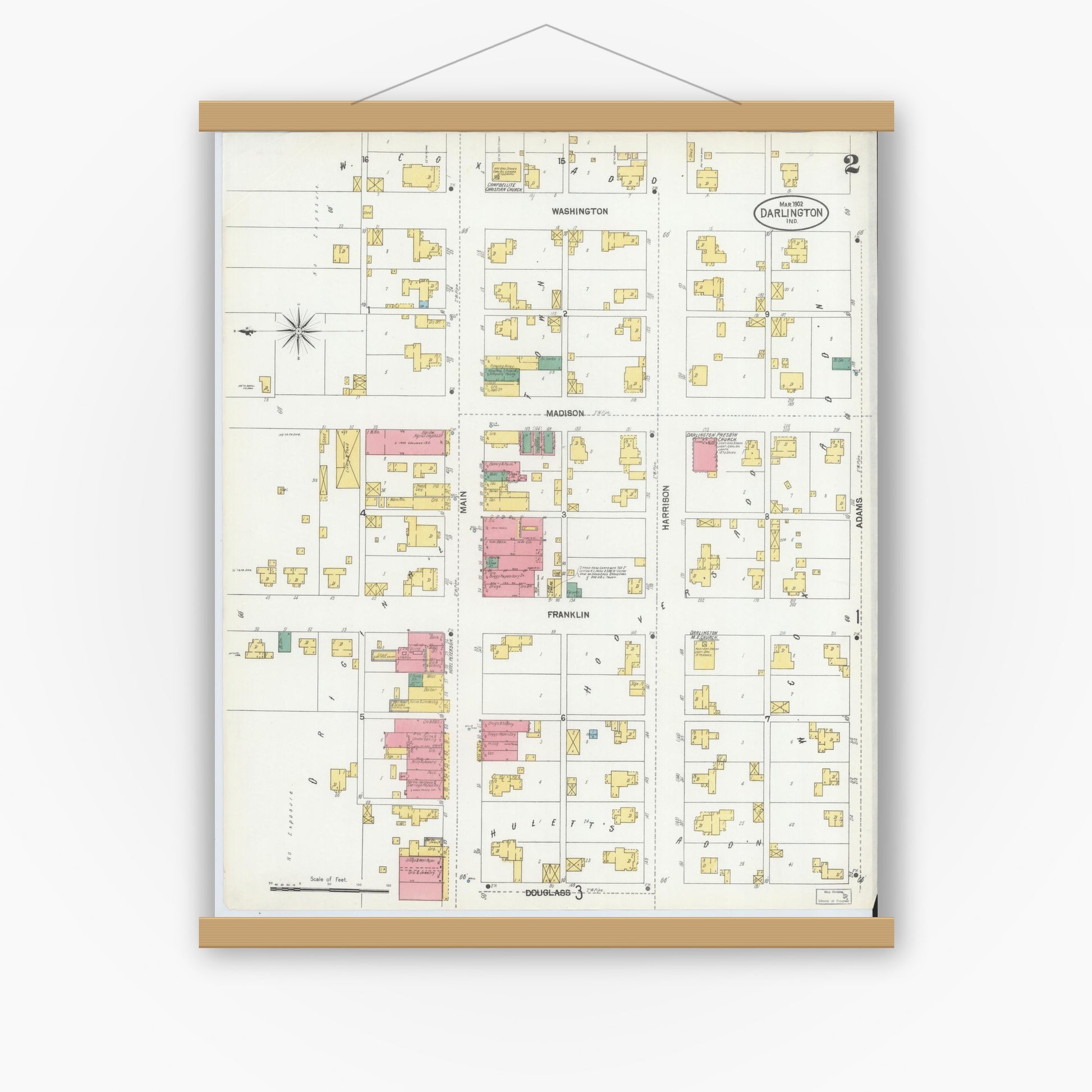 Old map wall art mockup — magnetic wood frame on white wall — Sanborn Fire Insurance Map from Darlington, Montgomery County, Indiana (1902), Sheet #0002