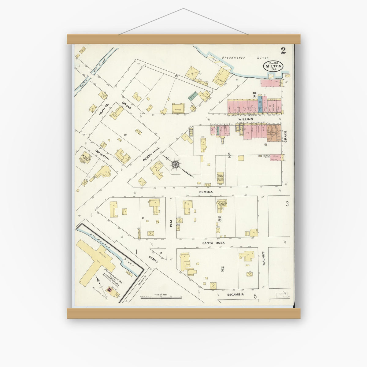 Old map wall art mockup — magnetic wood frame on white wall — Sanborn Fire Insurance Map from Milton, Santa Rosa County, Florida (1910), Sheet #0002