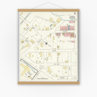 Old map wall art mockup — magnetic wood frame on white wall — Sanborn Fire Insurance Map from Milton, Santa Rosa County, Florida (1910), Sheet #0002