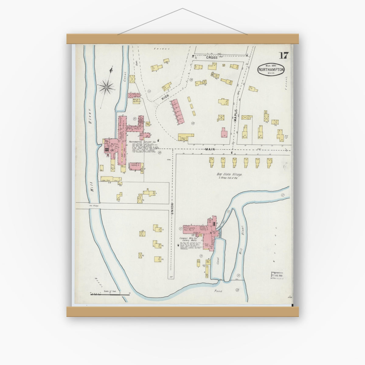 Old map wall art mockup — magnetic wood frame on white wall — Sanborn Fire Insurance Map from Northampton, Hampshire County, Massachusetts (1895), Sheet #0017