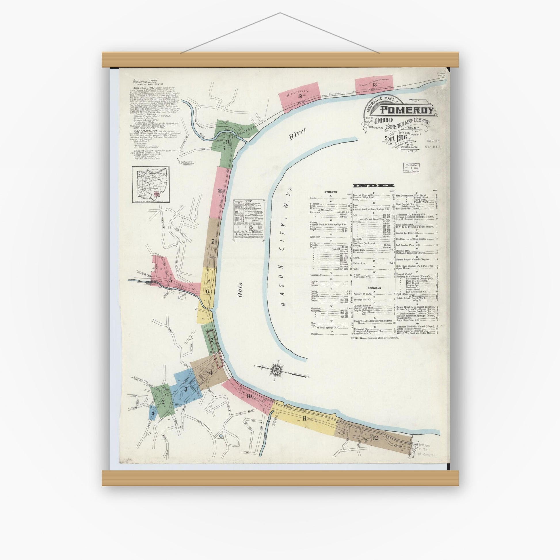 Old map wall art mockup — magnetic wood frame on white wall — Sanborn Fire Insurance Map from Pomeroy, Meigs County, Ohio (1916) - Complete Map Set