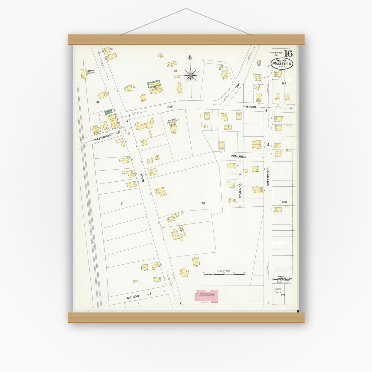 Old map wall art mockup — magnetic wood frame on white wall — Sanborn Fire Insurance Map from Wakefield, Middlesex County, Massachusetts (1909), Sheet #0016