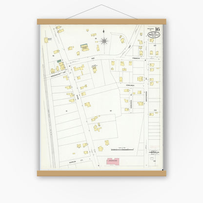 Old map wall art mockup — magnetic wood frame on white wall — Sanborn Fire Insurance Map from Wakefield, Middlesex County, Massachusetts (1909), Sheet #0016