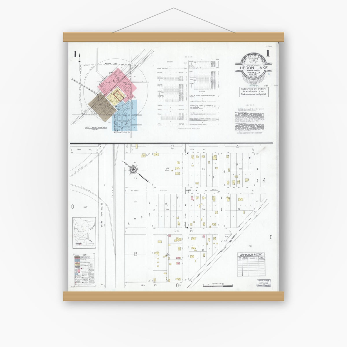 Old map wall art mockup — magnetic wood frame on white wall — Sanborn Fire Insurance Map from Heron Lake, Jackson County, Minnesota (1947), Sheet #0001