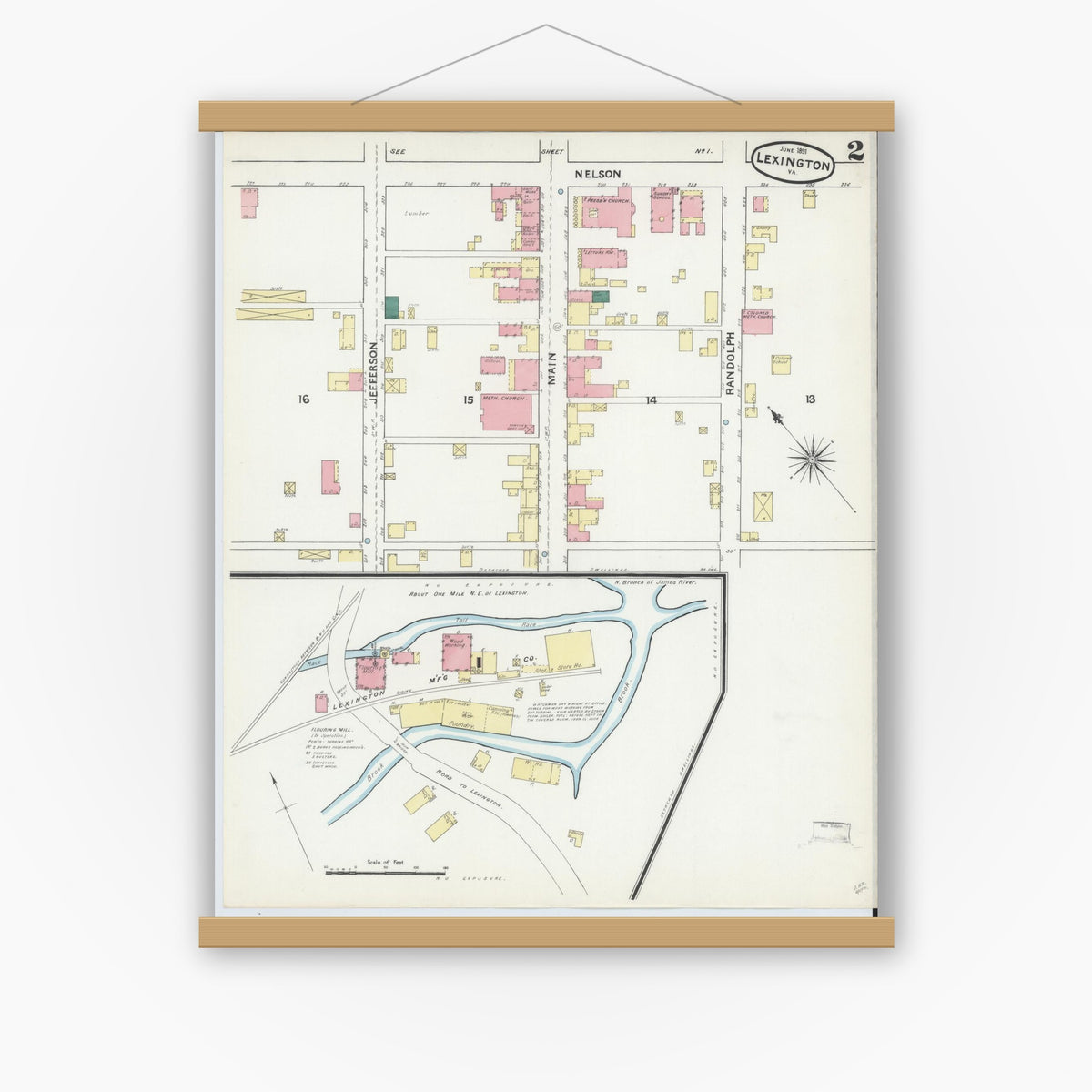 Old map wall art mockup — magnetic wood frame on white wall — Sanborn Fire Insurance Map from Lexington, Independent Cities, Virginia (1891), Sheet #0002