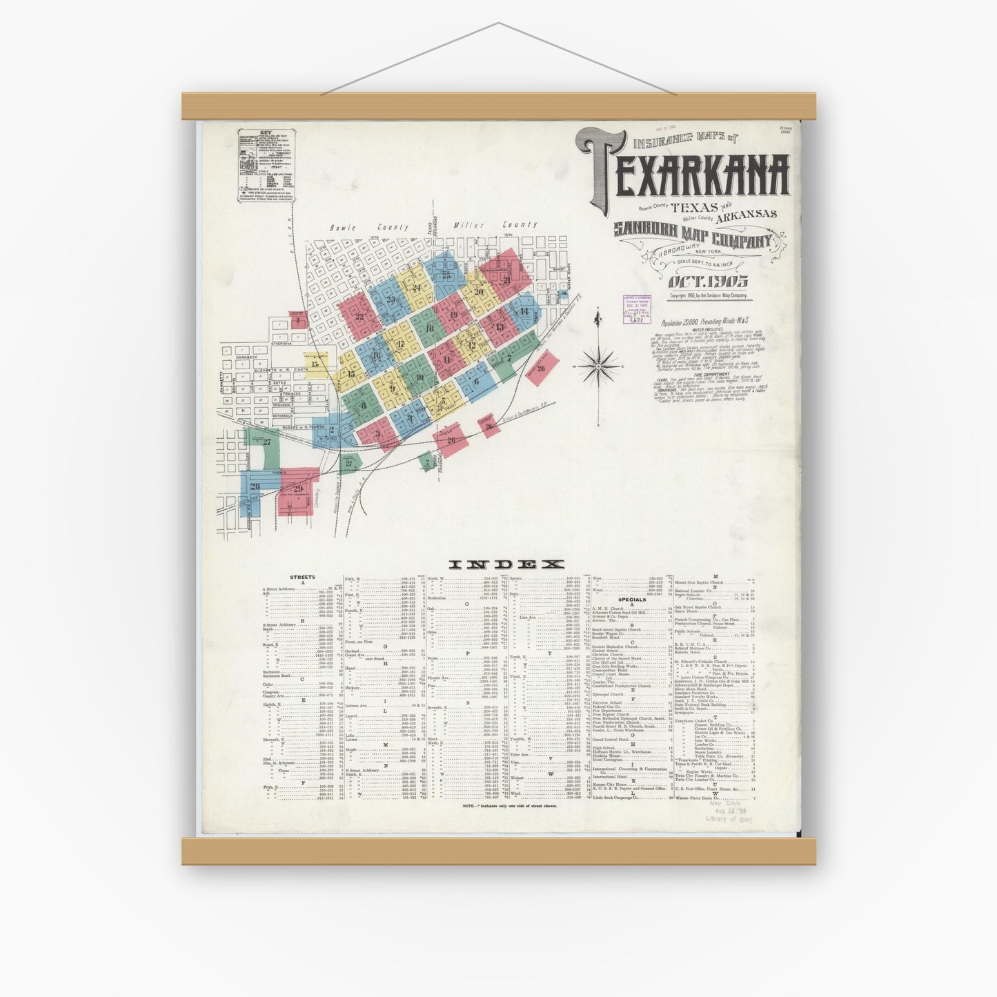 Old map wall art mockup — magnetic wood frame on white wall — Sanborn Fire Insurance Map from Texarkana, Bowie County, Texas (1905) - Complete Map Set