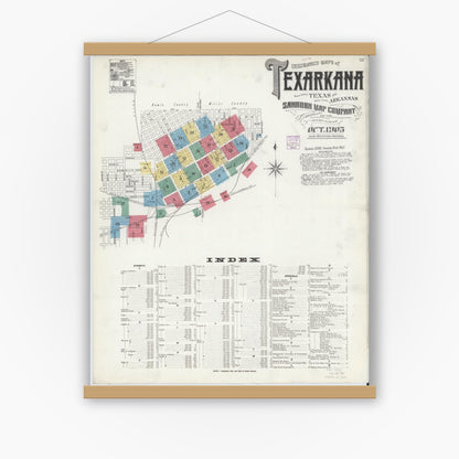 Old map wall art mockup — magnetic wood frame on white wall — Sanborn Fire Insurance Map from Texarkana, Bowie County, Texas (1905) - Complete Map Set