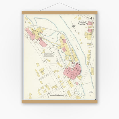 Old map wall art mockup — magnetic wood frame on white wall — Sanborn Fire Insurance Map from East Pepperell, Middlesex County, Massachusetts (1912), Sheet #0004