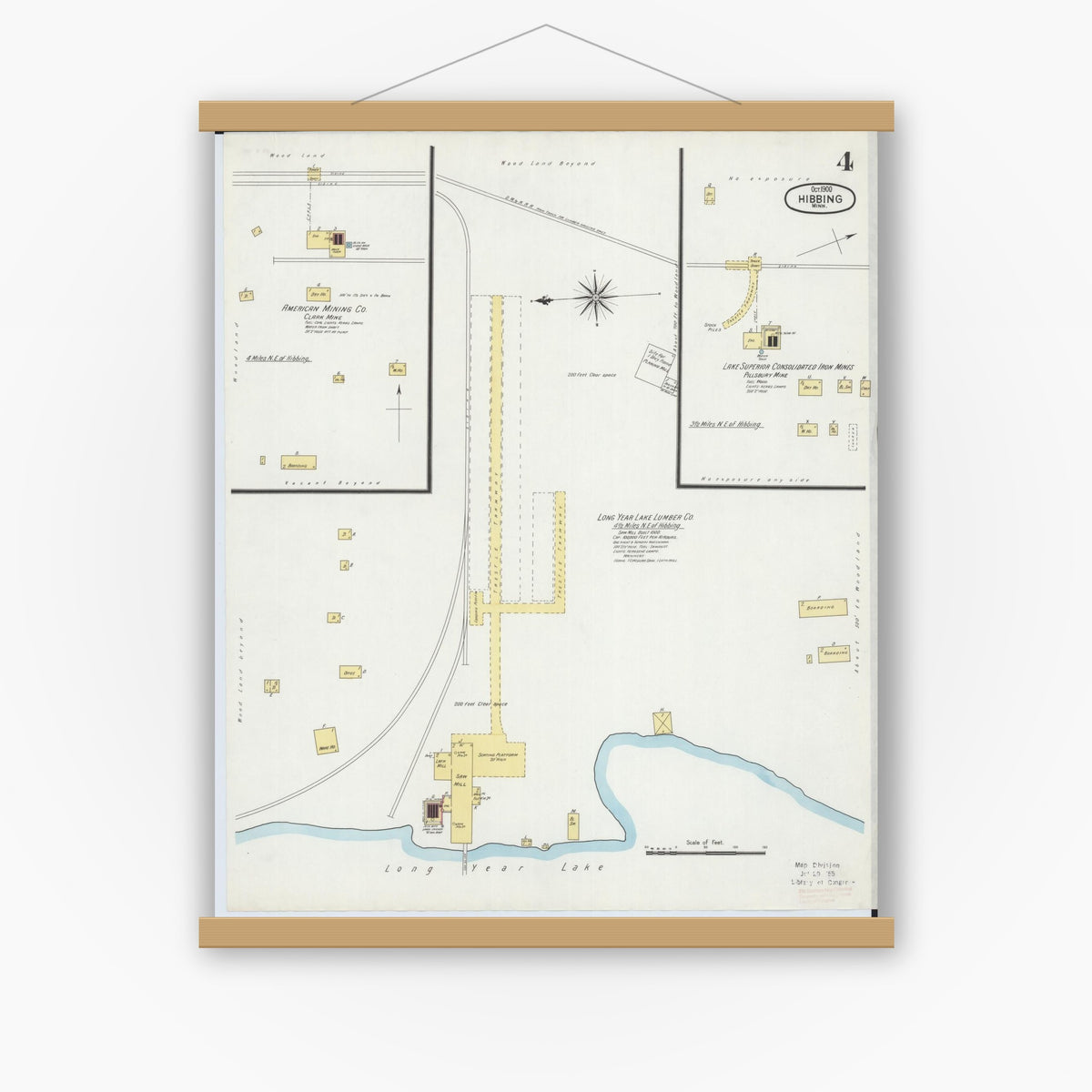 Old map wall art mockup — magnetic wood frame on white wall — Sanborn Fire Insurance Map from Hibbing, Saint Louis County, Minnesota (1900), Sheet #0004