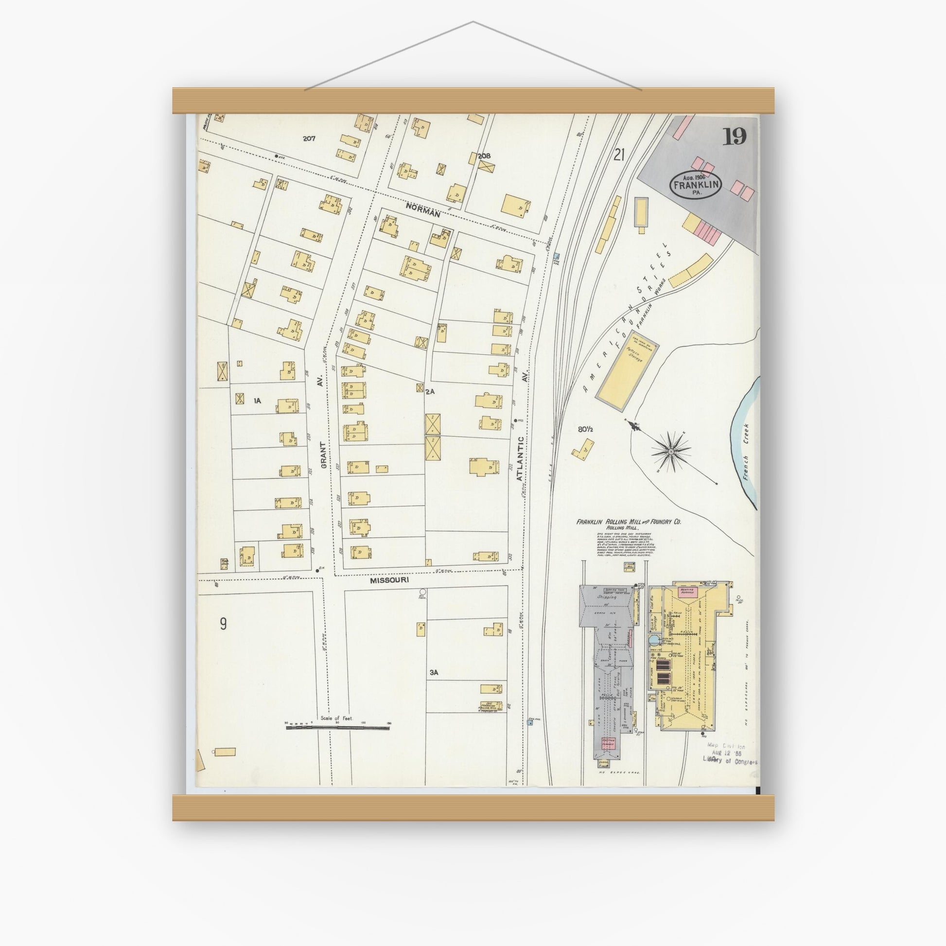 Old map wall art mockup — magnetic wood frame on white wall — Sanborn Fire Insurance Map from Franklin, Venango County, Pennsylvania (1906), Sheet #0019