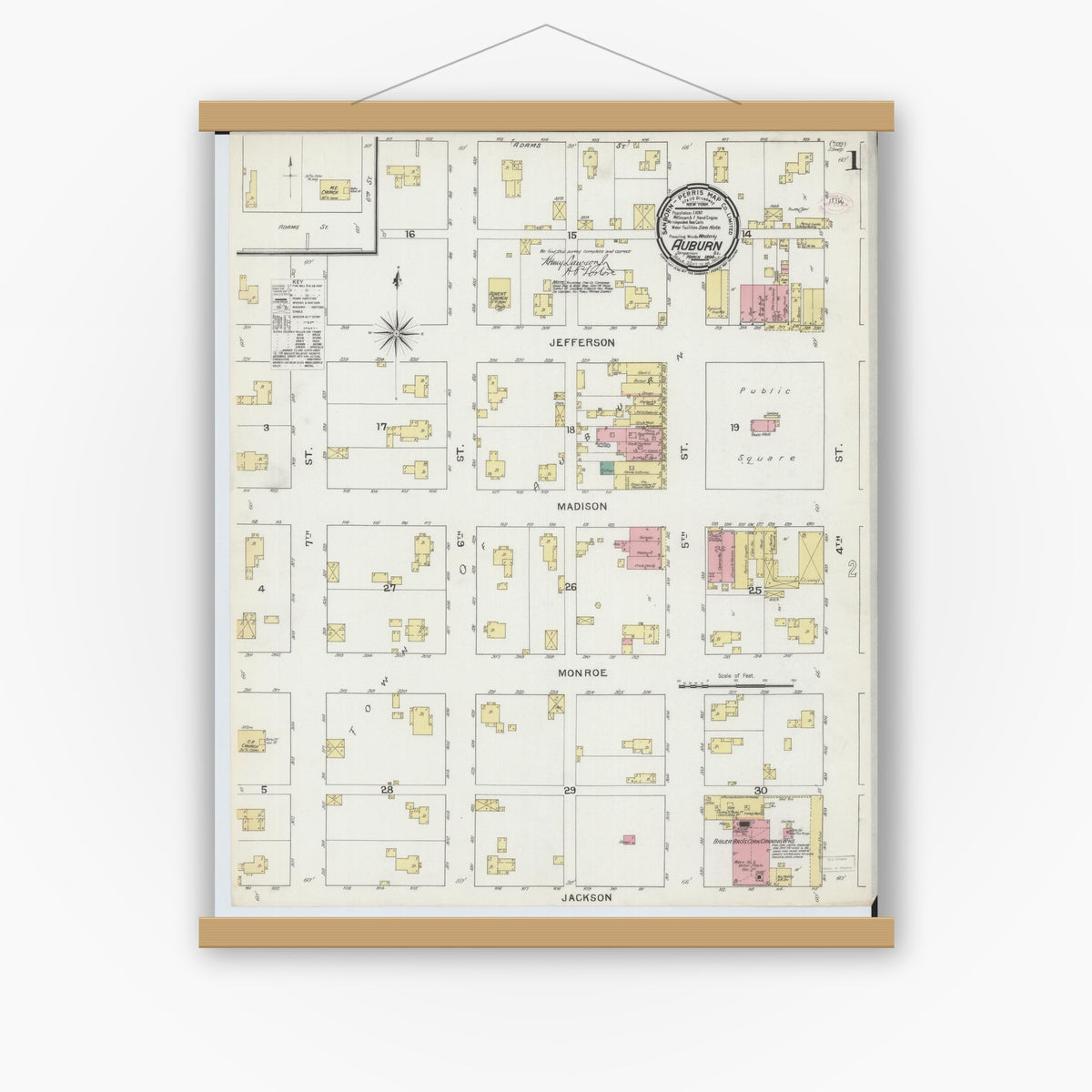 Old map wall art mockup — magnetic wood frame on white wall — Sanborn Fire Insurance Map from Auburn, Sangamon County, Illinois (1894) - Complete Map Set