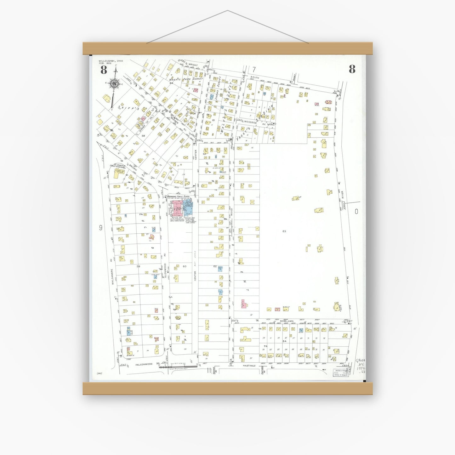 Old map wall art mockup — magnetic wood frame on white wall — Sanborn Fire Insurance Map from Willoughby, Lake County, Ohio (1952), Sheet #0008