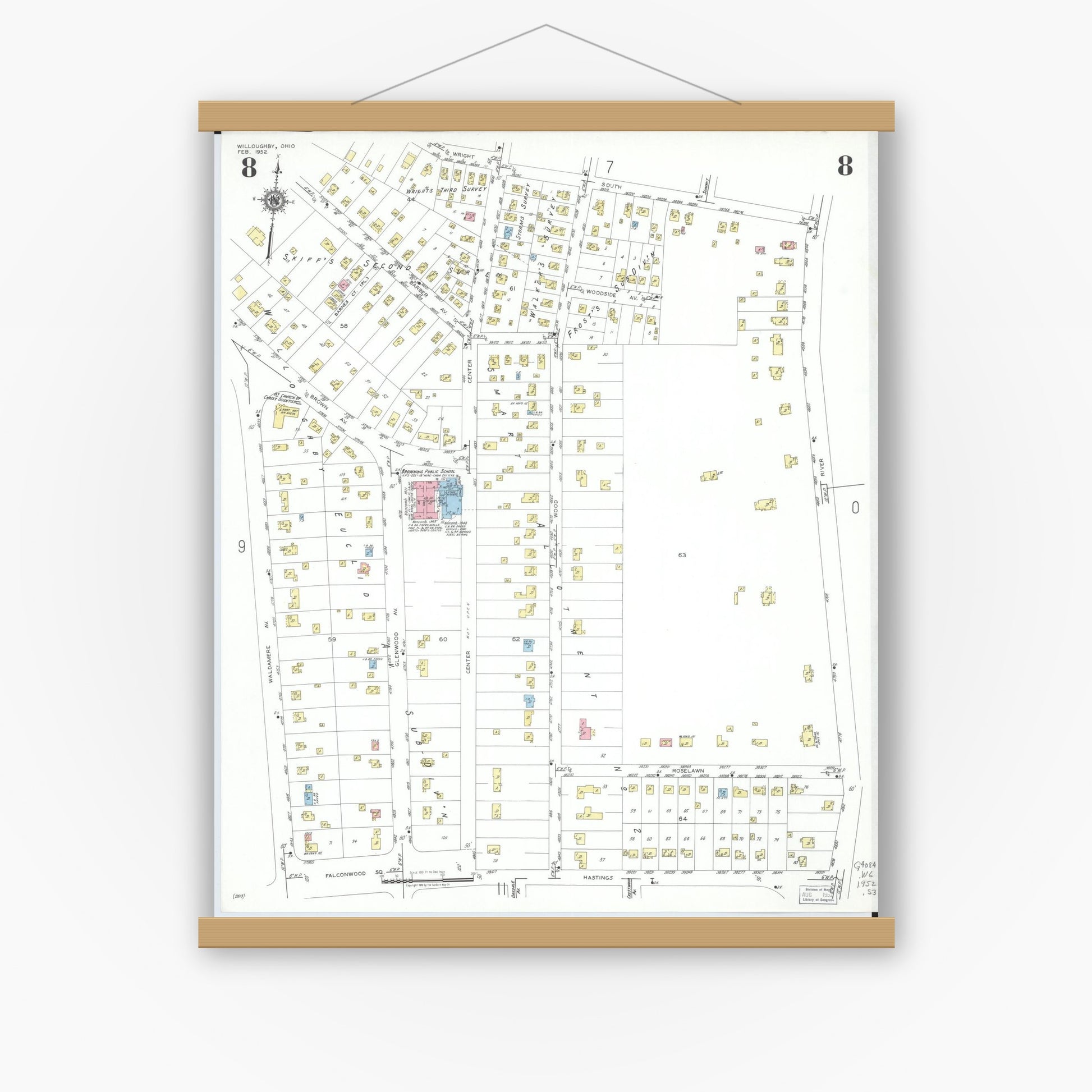 Old map wall art mockup — magnetic wood frame on white wall — Sanborn Fire Insurance Map from Willoughby, Lake County, Ohio (1952), Sheet #0008