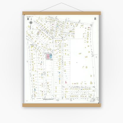 Old map wall art mockup — magnetic wood frame on white wall — Sanborn Fire Insurance Map from Willoughby, Lake County, Ohio (1952), Sheet #0008