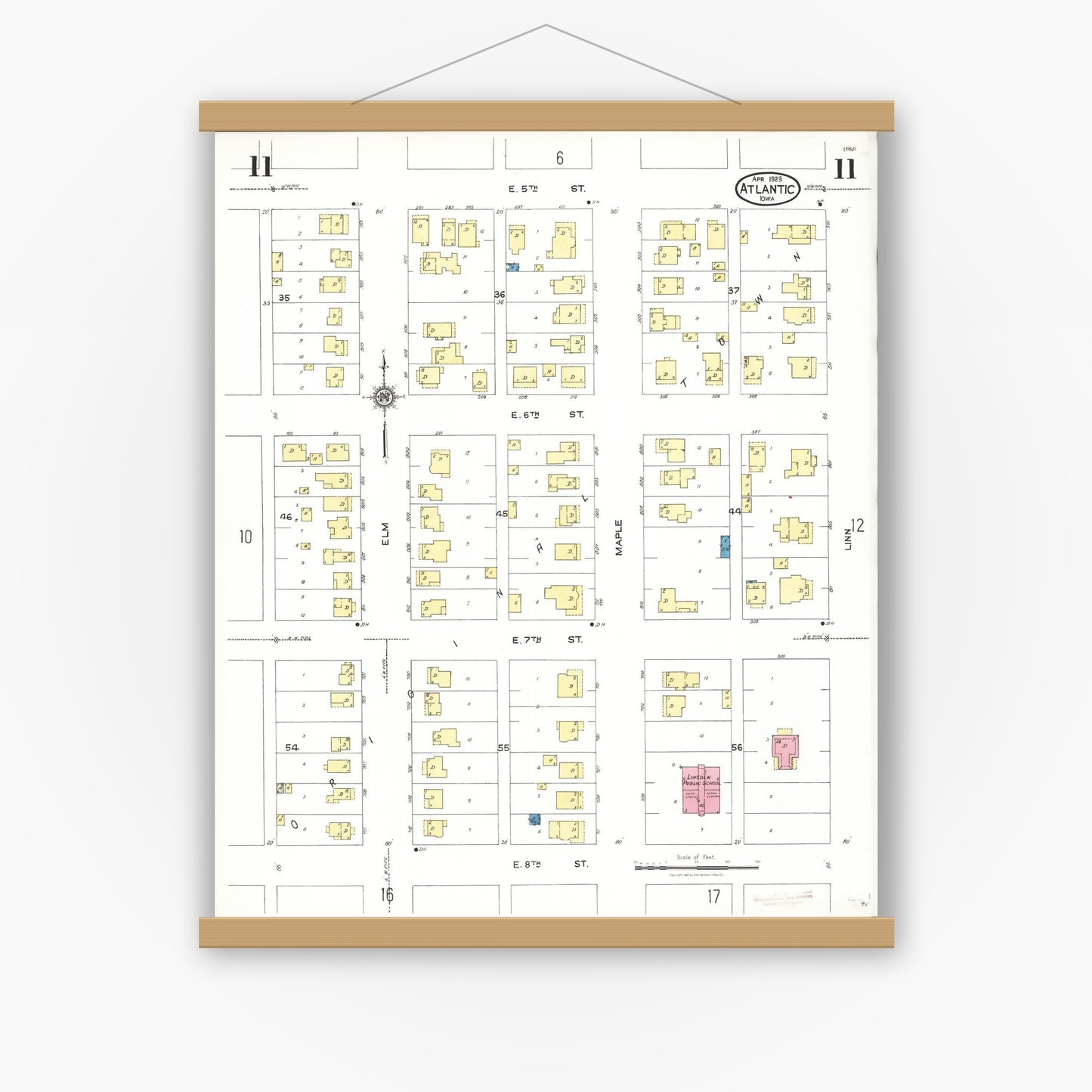 Old map wall art mockup — magnetic wood frame on white wall — Sanborn Fire Insurance Map from Atlantic, Cass County, Iowa (1923), Sheet #0011