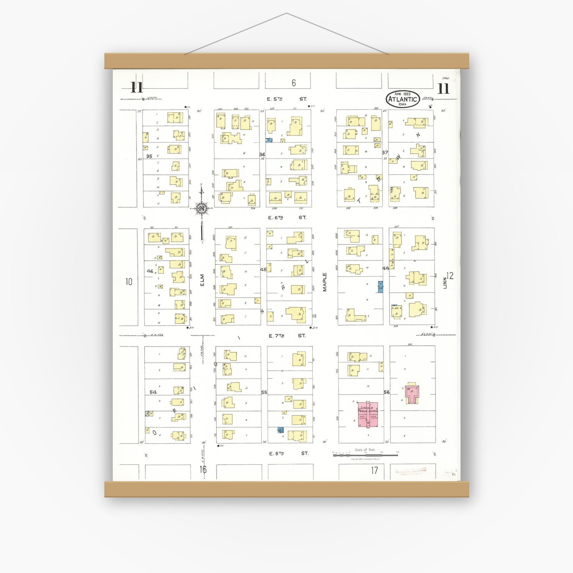 Old map wall art mockup — magnetic wood frame on white wall — Sanborn Fire Insurance Map from Atlantic, Cass County, Iowa (1923), Sheet #0011