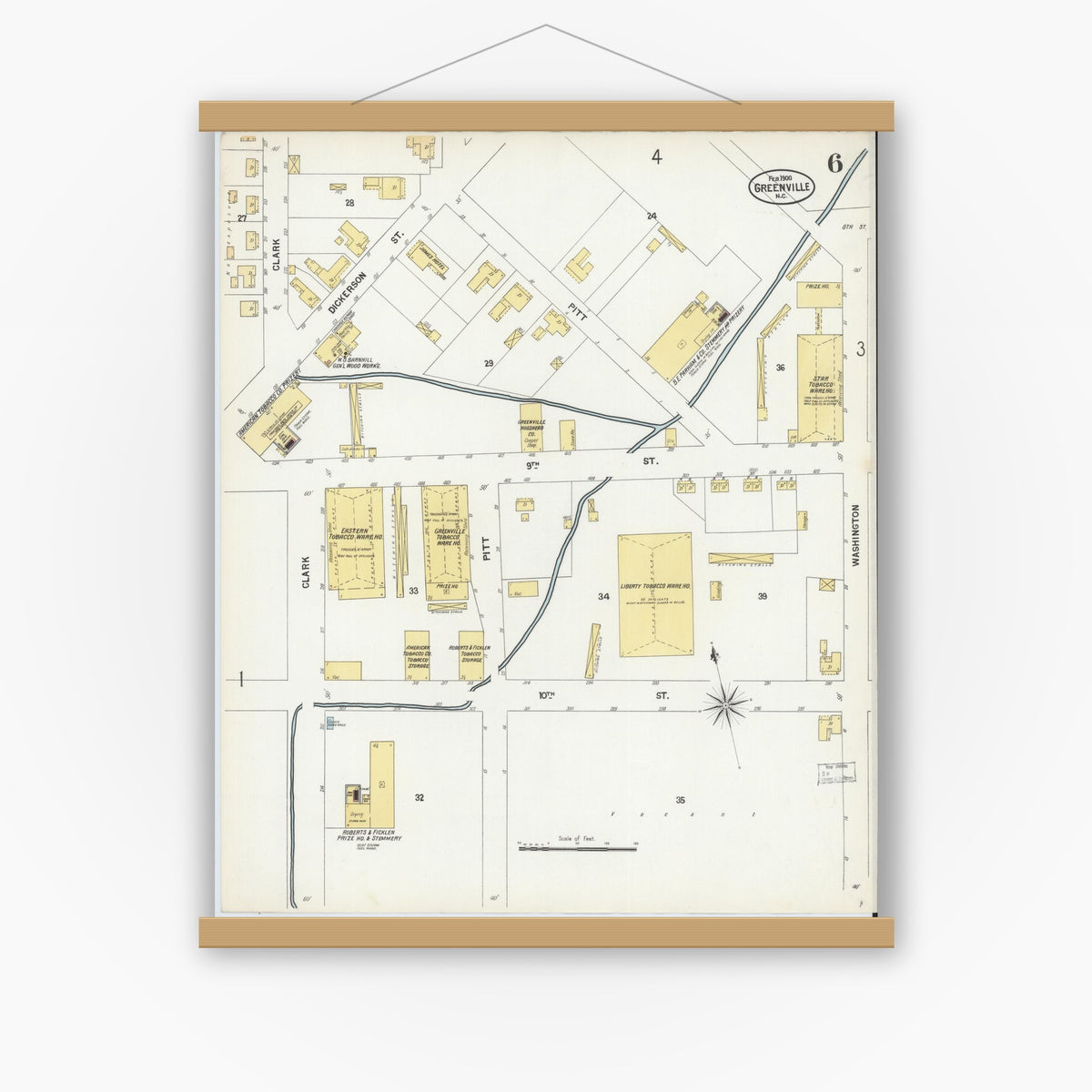 Old map wall art mockup — magnetic wood frame on white wall — Sanborn Fire Insurance Map from Greenville, Pitt County, North Carolina (1900), Sheet #0006