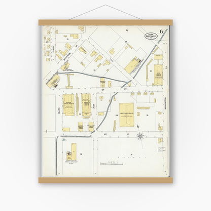 Old map wall art mockup — magnetic wood frame on white wall — Sanborn Fire Insurance Map from Greenville, Pitt County, North Carolina (1900), Sheet #0006