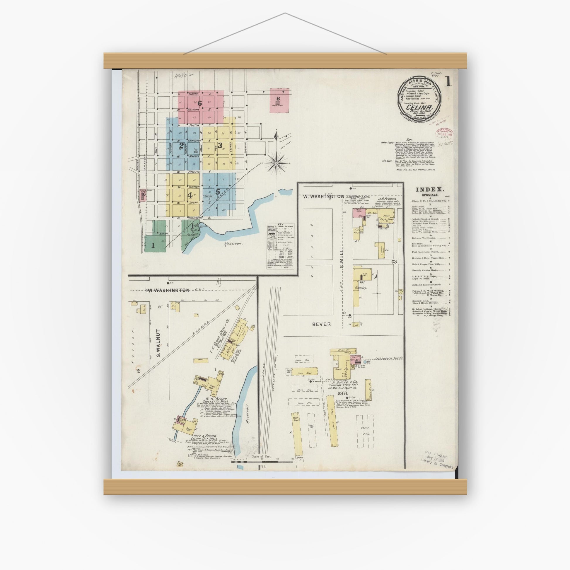 Old map wall art mockup — magnetic wood frame on white wall — Sanborn Fire Insurance Map from Celina, Mercer County, Ohio (1895), Sheet #0001