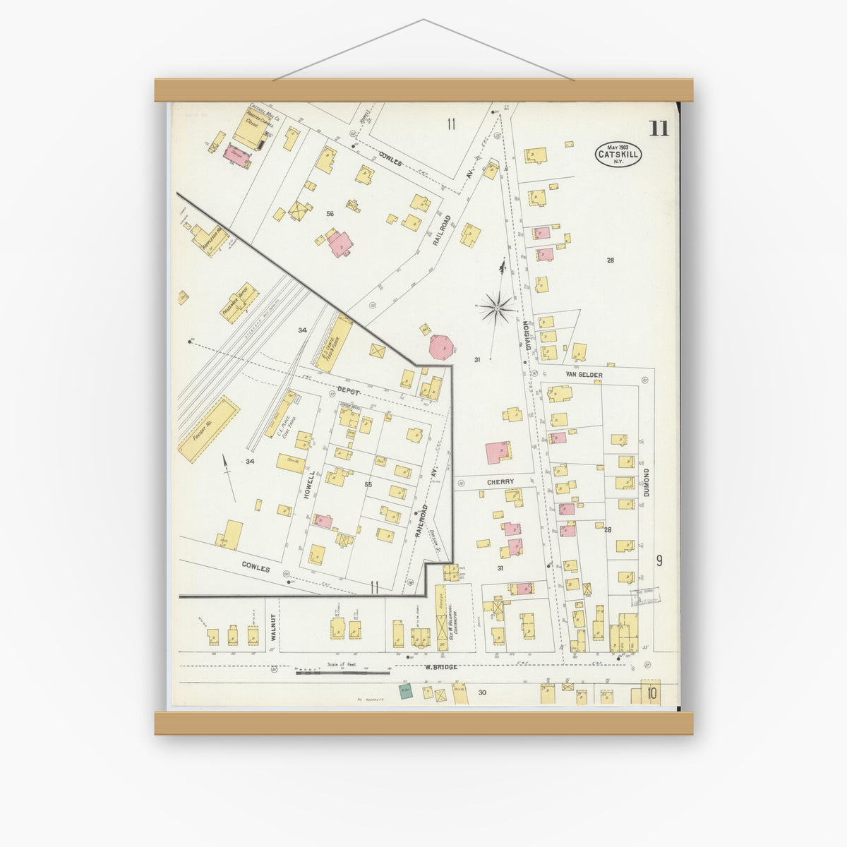 Old map wall art mockup — magnetic wood frame on white wall — Sanborn Fire Insurance Map from Catskill, Greene County, New York (1903), Sheet #0011