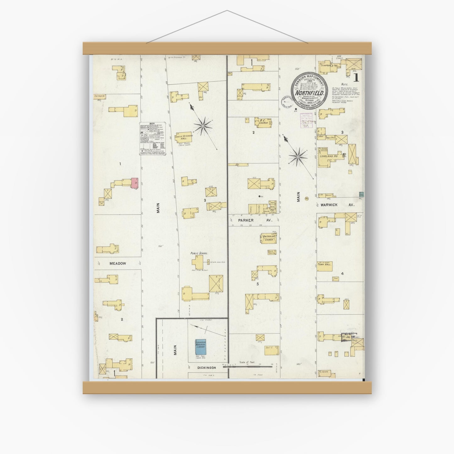 Old map wall art mockup — magnetic wood frame on white wall — Sanborn Fire Insurance Map from Northfield, Franklin County, Massachusetts (1902) - Complete Map Set