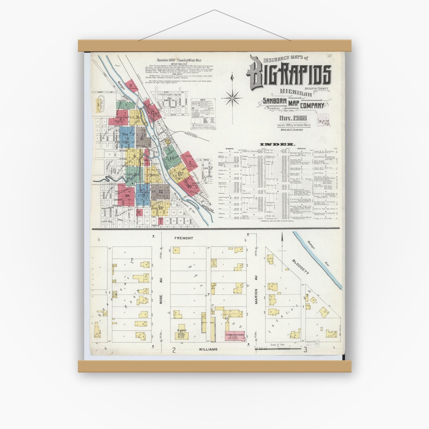 Old map wall art mockup — magnetic wood frame on white wall — Sanborn Fire Insurance Map from Big Rapids, Mecosta County, Michigan (1908), Sheet #0001